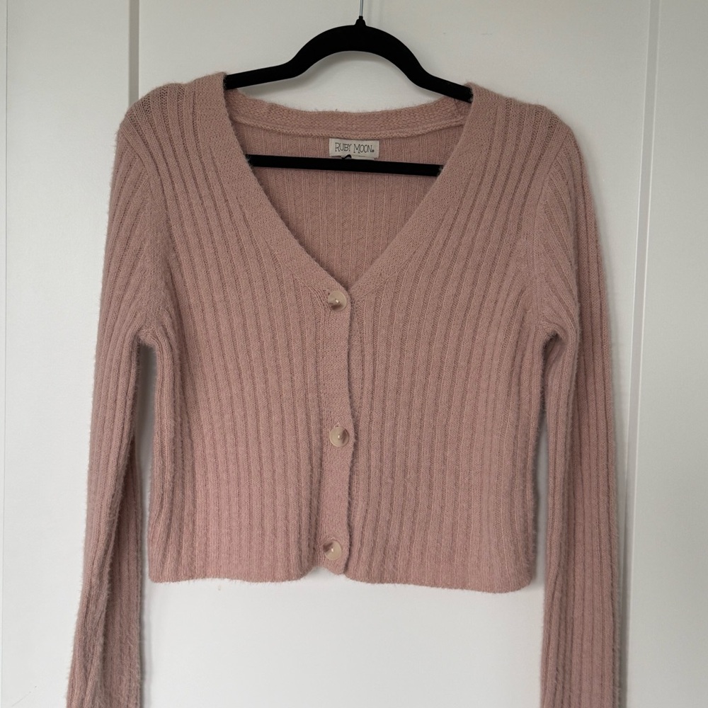 Ruby Moon Blush Ribbed Crop Cardigan - Picture 2 of 5